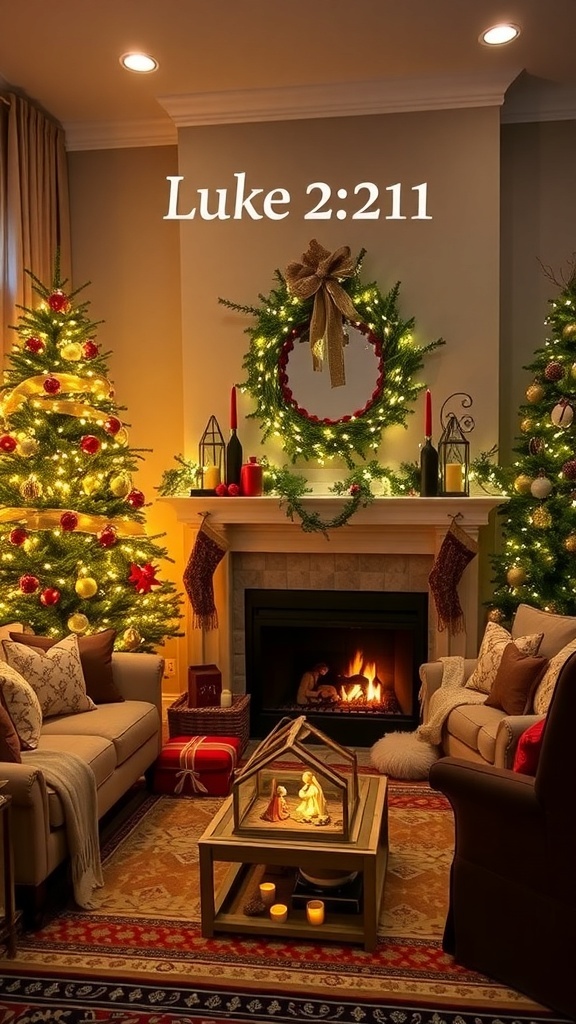 Christmas Aesthetic Inspired by Luke 2:11 A cozy Christmas living room with nativity scene, soft lights, and festive decorations.